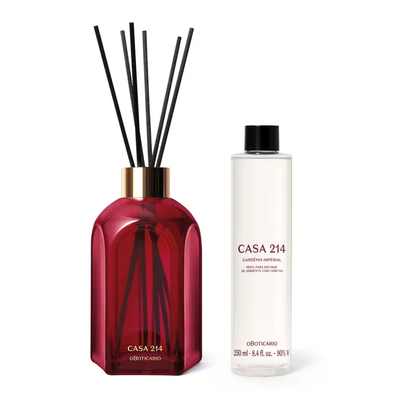 Combo Casa 214 Gardênia Imperial: Difusor de Ambiente com Varetas 250ml + Refil Sem Varetas 250ml