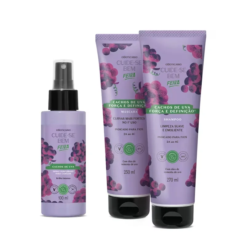 Combo Cuide-se Bem Cachos de Uva: Shampoo 270ml + Máscara Capilar 250ml +Spray Perfumado Capilar 100ml