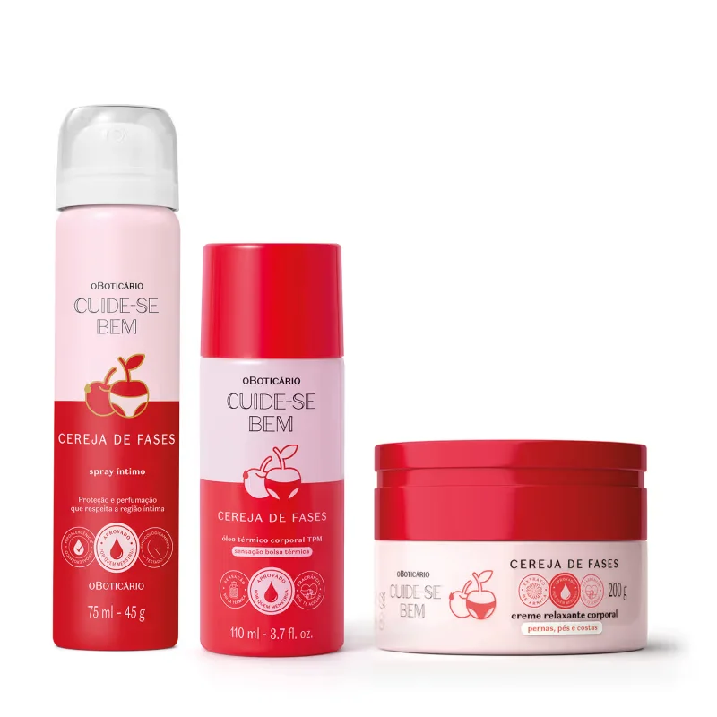 Combo Cuide-se Bem Cereja De Fases: Creme Relaxante Corporal 200g + Spray Íntimo Desodorante 75ml +Óleo Térmico Corporal 110ml