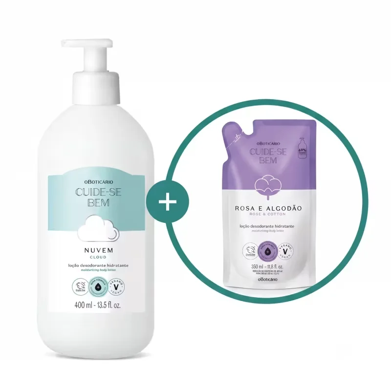 Combo Cuide-se Bem: Loção Corporal Nuvem 400ml + Refil Rosa e Algodão 350ml