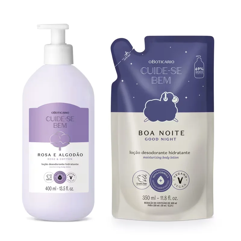 Combo Cuide-se Bem: Loção Corporal Rosa e Algodão 400ml + Refil Boa Noite 350ml