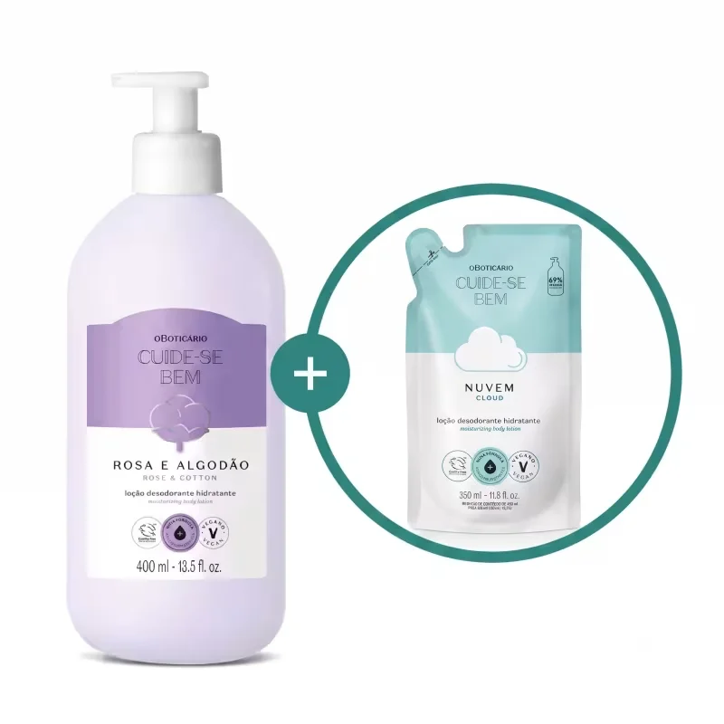Combo Cuide-se Bem: Loção Corporal Rosa e Algodão 400ml + Refil Nuvem 350ml
