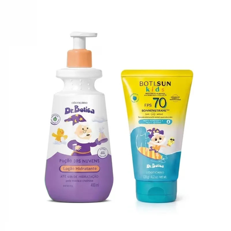 Combo Dr. Botica Poção das Nuvens Loção Hidratante 400ml + Protetor Solar Infantil FPS 70 Boti Sun Kids 120g