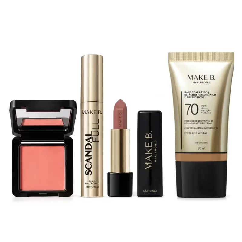 Combo Make B.: Blush Em Pó Compacto Rubor + Máscara de Cílios Scandal + Batom Cremoso Rosa Rose + Base Líquida FPS 70 225N
