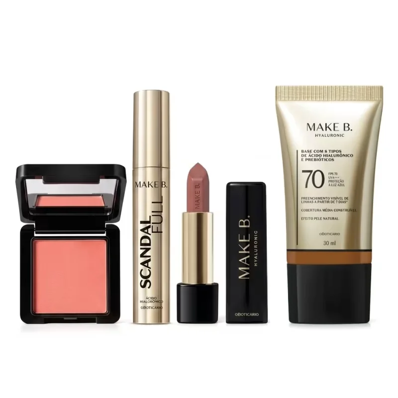 Combo Make B.: Blush Em Pó Compacto Rubor + Máscara de Cílios Scandal + Batom Cremoso Rosa Rose + Base Líquida FPS 70 330Q