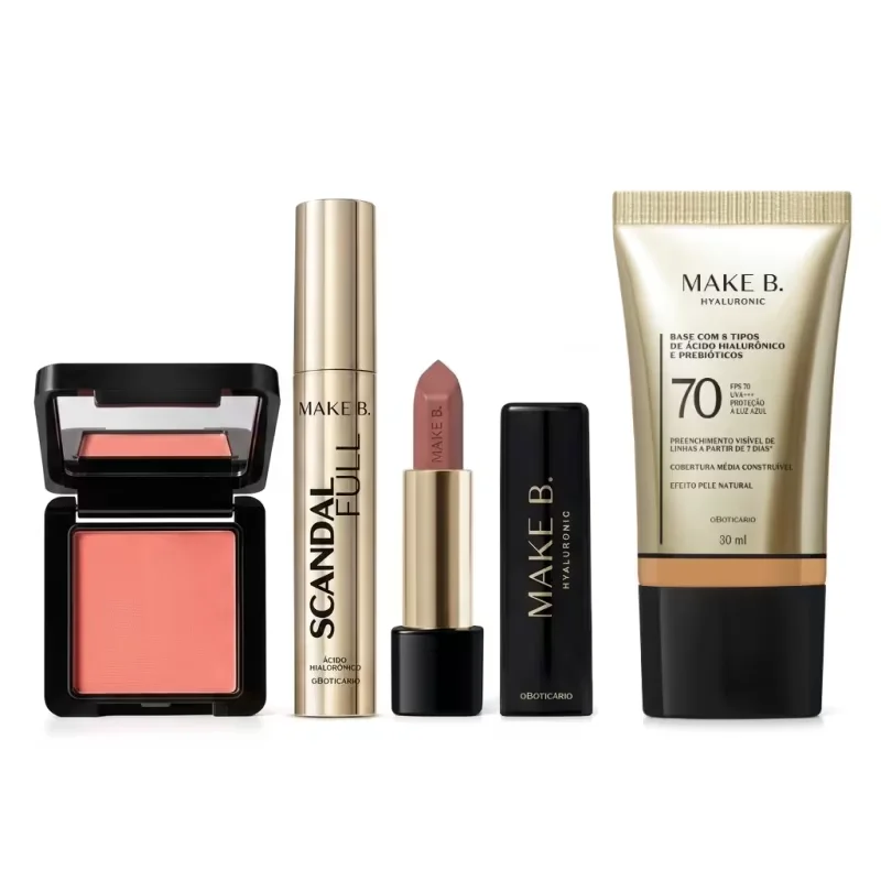 Combo Make B.: Blush Em Pó Compacto Rubor + Máscara de Cílios Scandal + Batom Cremoso Rosa Rose + Base Líquida FPS 70 220Q