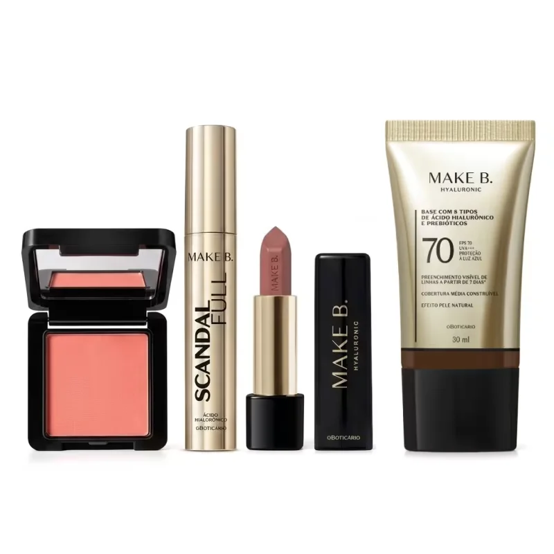 Combo Make B.: Blush Em Pó Compacto Rubor + Máscara de Cílios Scandal + Batom Cremoso Rosa Rose + Base Líquida FPS 70 345N