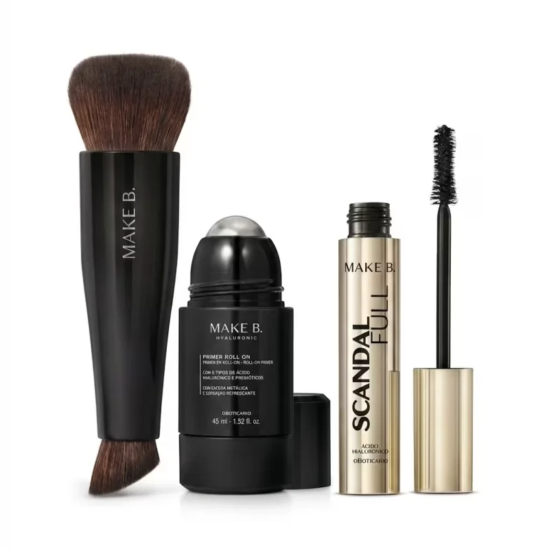 Combo Make B.: Pincel Multifuncional Make B. Duo Coverage + Primer Roll-On Make B. Hyaluronic 45ml + Máscara de Cílios Make B. Scandal Full 10g