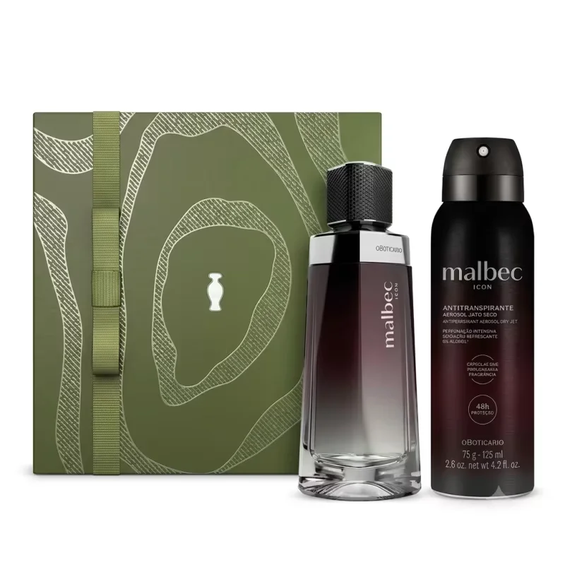 Combo Malbec Icon Desodorante Colônia 100ml + Antitranspirante Aerossol Malbec Icon 75g/125ml + Caixa de Presente
