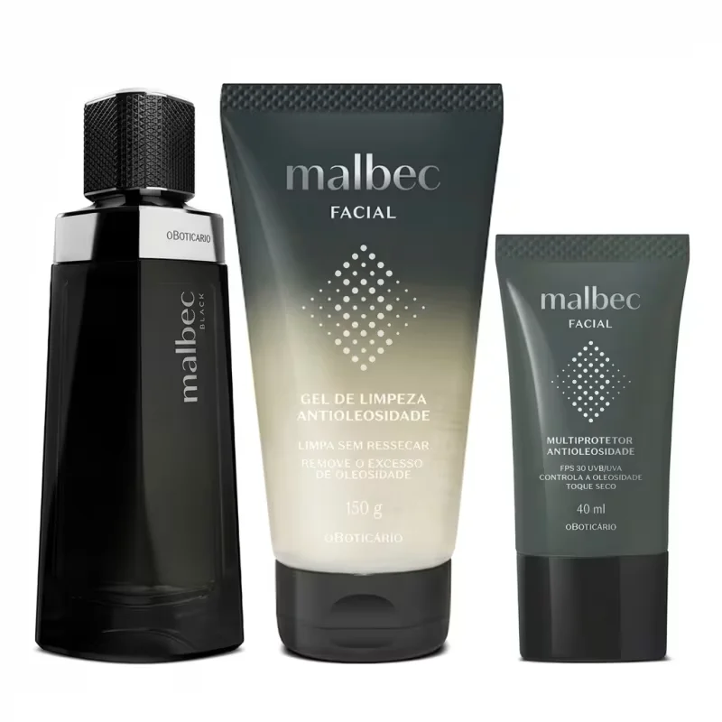 Combo Malbec: Malbec Black 100ml + Gel de Limpeza Facial 150g + Multiprotetor FPS30 40ml