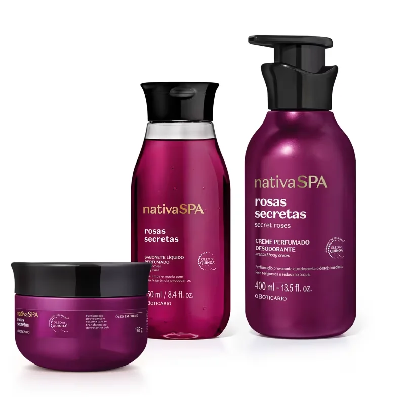 Combo Nativa SPA Rosas Secretas: Sabonete Líquido 250ml + Óleo Em Creme 175g + Creme Perfumado Corporal 400ml