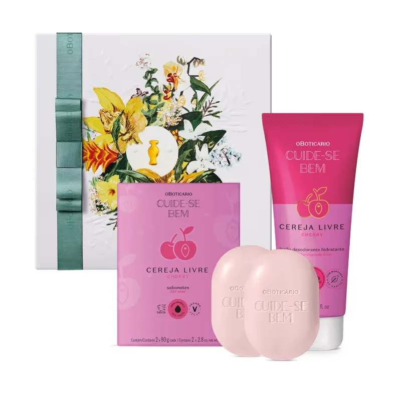 Combo Presente Cuide-Se Bem Cereja Livre: Loção Corporal 200ml + Sabonetes Em Barra 2x80g
