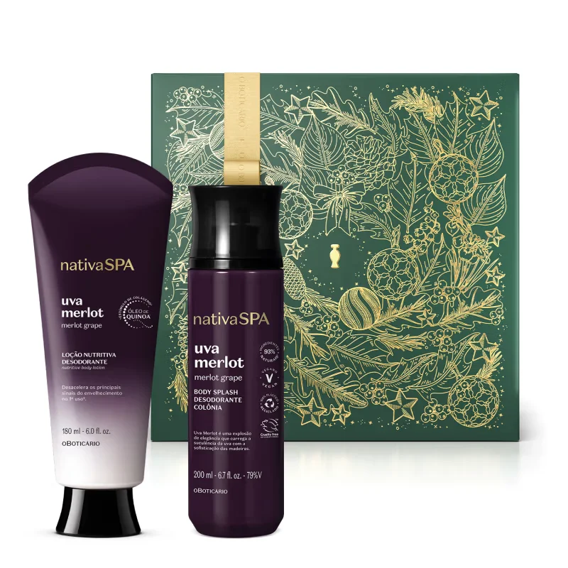Combo Presente Nativa Spa Uva Merlot: Loção Corporal 180ml + Body Splash 200ml + Caixa Presenteável