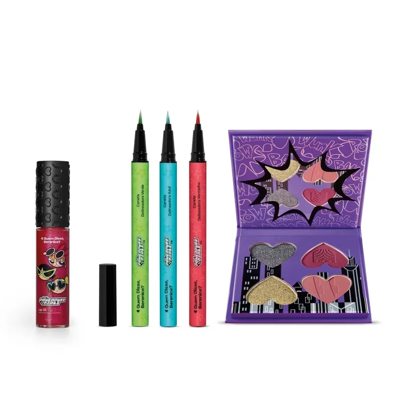 Combo QDB As Meninas Superpoderosas: Mini Paleta de Sombras 4g + 3 Canetas Delineadoras 0,4g cada + Lip Oil Translúcido 9,5ml