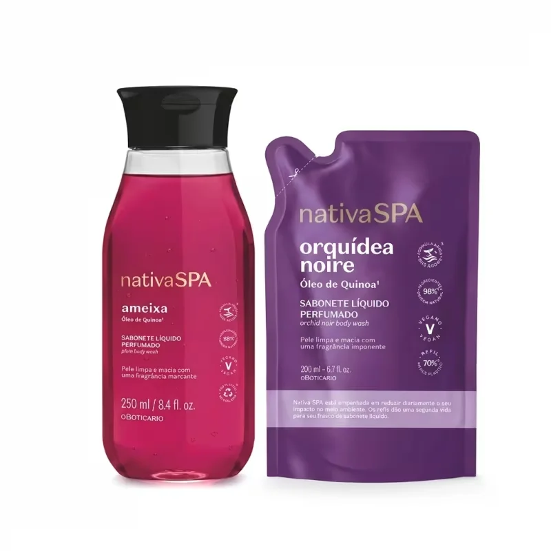 Combo Sabonete Líquido Perfumado Nativa Spa Ameixa 250ml + Refil Sabonete Líquido Perfumado Nativa Spa Orquídea Noire 200ml