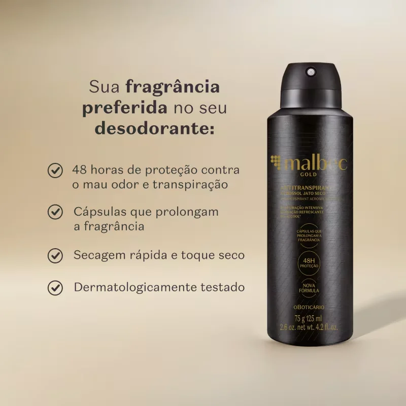 Desodorante Antitranspirante Aerossol Malbec Gold 75g/125ml